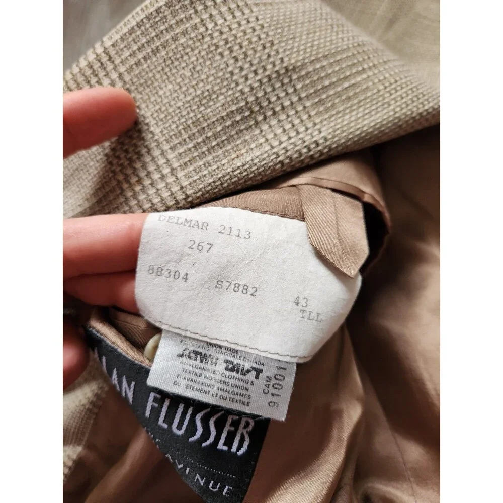Alan Flusser Wool Linen Blend Tweed Double Breasted Blazer Beige Lined Mens 43T
